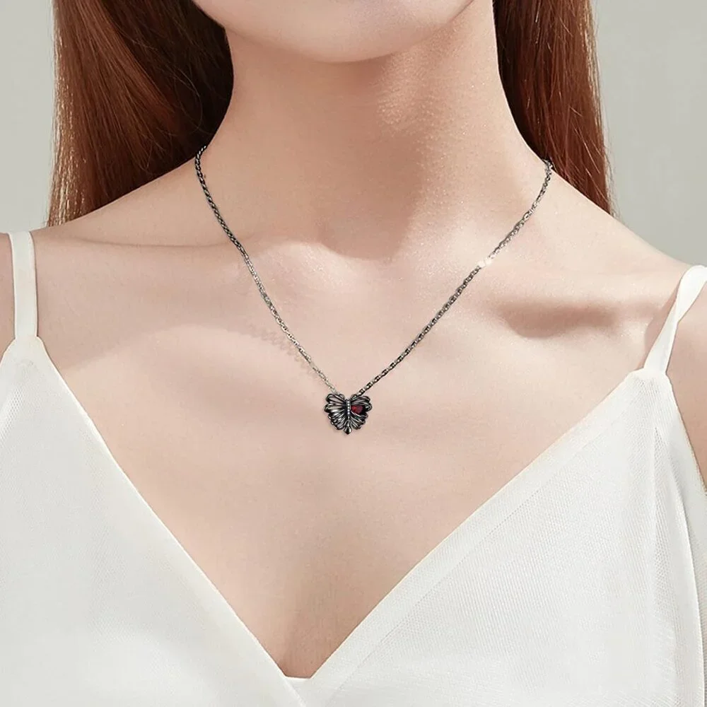 Sterling Silver Skull Necklace Gothic Rib Heart Pendant Gift for Women